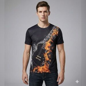 HOT FLAMING GUITAR Front & Back Design. Size Medium New W/O Tags